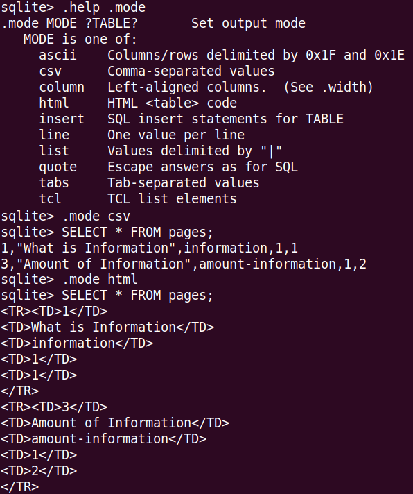 Режимы отображения в sqlite3